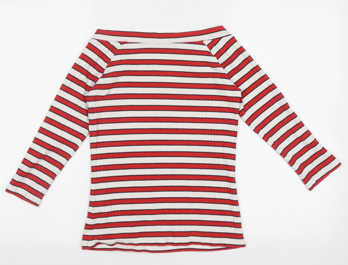 Marks and Spencer Womens Red Striped Cotton Basic T-Shirt Size 10 Boat Neck