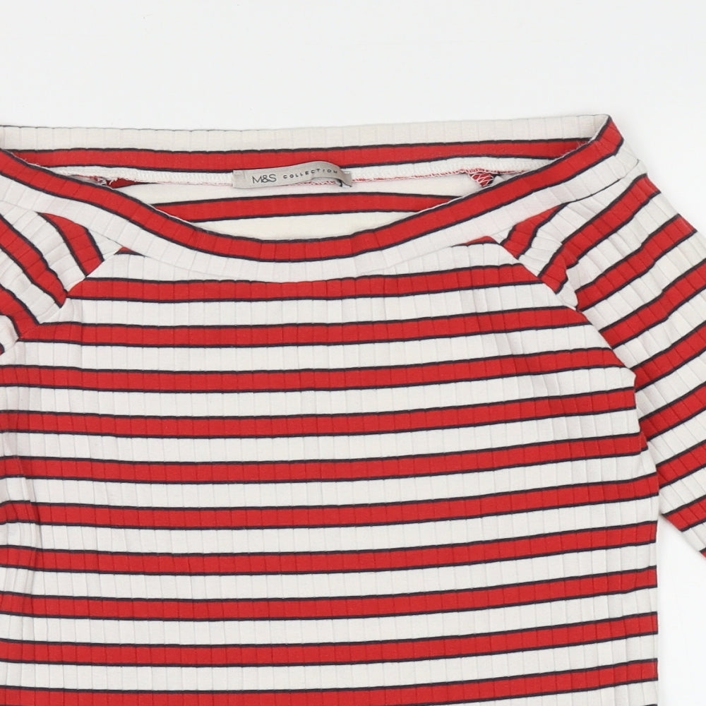 Marks and Spencer Womens Red Striped Cotton Basic T-Shirt Size 10 Boat Neck