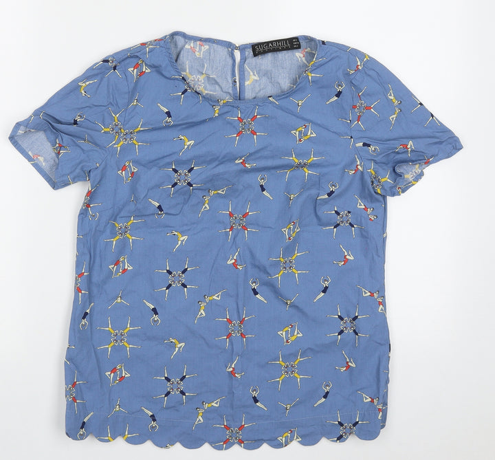 Sugarhill Womens Blue Geometric Cotton Basic T-Shirt Size 8 Crew Neck