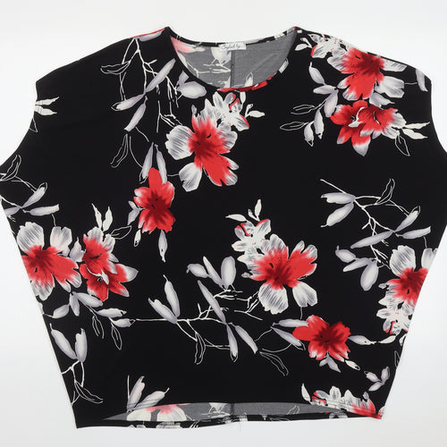 Styled By Womens Black Floral Polyacrylate Fibre Basic T-Shirt Size L Crew Neck