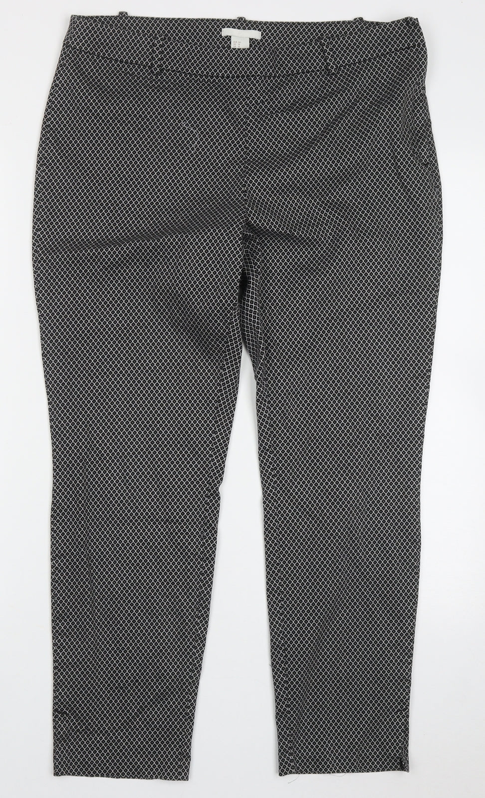 H&M Womens Black Argyle/Diamond Cotton Trousers  Size 16 L27 in Regular Hook & Eye