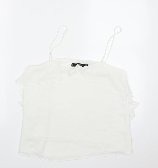 Front view of Mango women’s white polyester basic tank, size M, v-neck