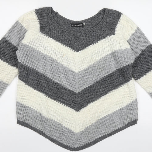 Cameo Womens Grey Crew Neck Striped Acrylic Pullover Jumper Size L