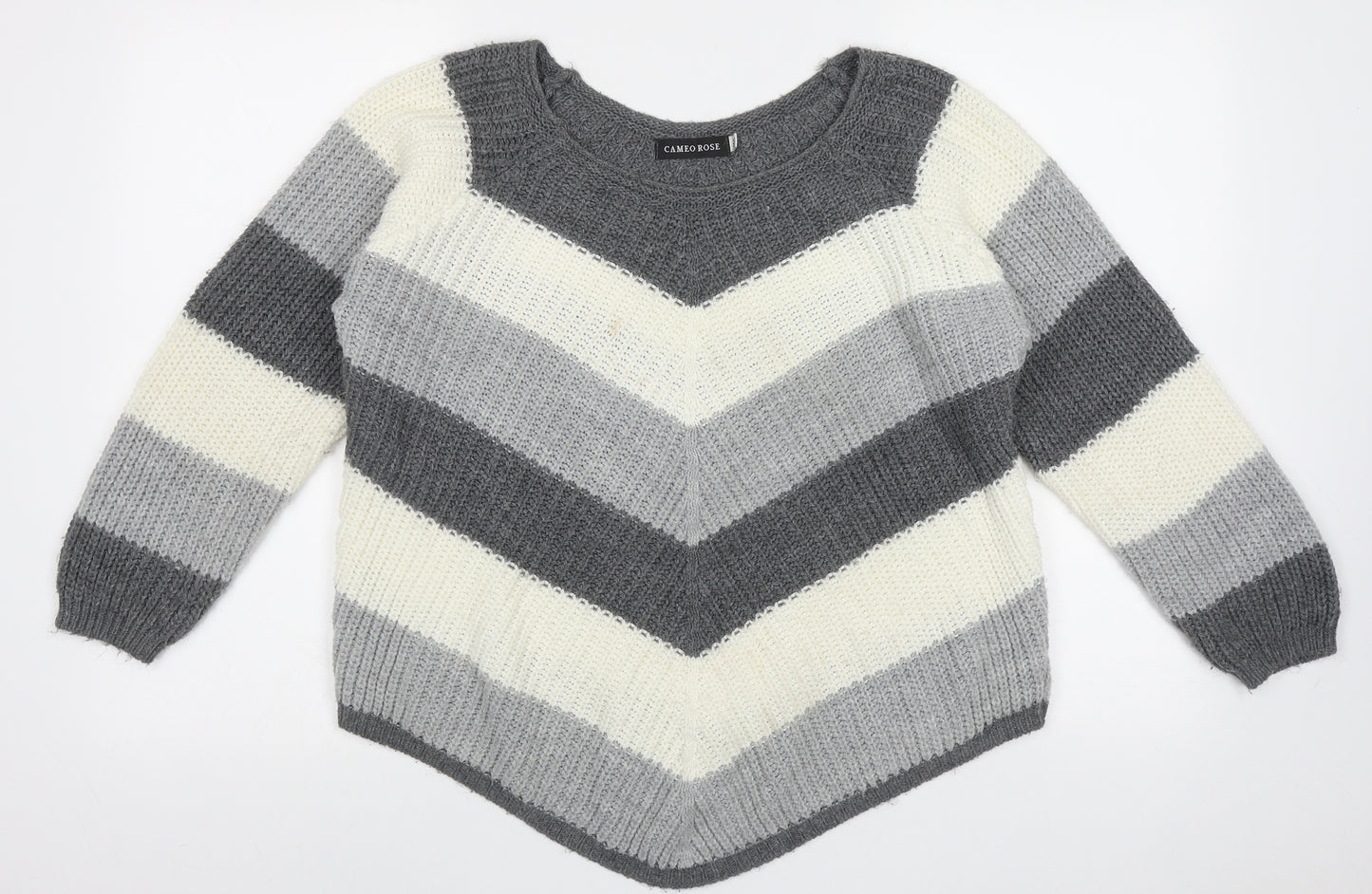 Cameo Womens Grey Crew Neck Striped Acrylic Pullover Jumper Size L