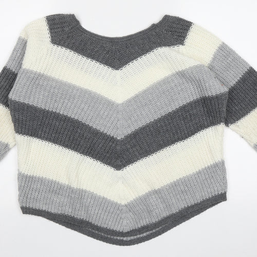 Cameo Womens Grey Crew Neck Striped Acrylic Pullover Jumper Size L