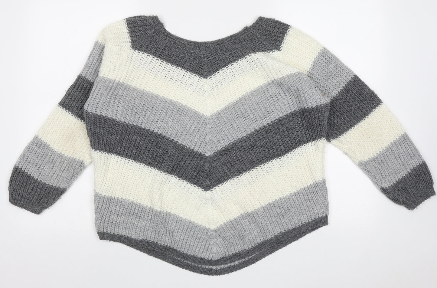 Cameo Womens Grey Crew Neck Striped Acrylic Pullover Jumper Size L