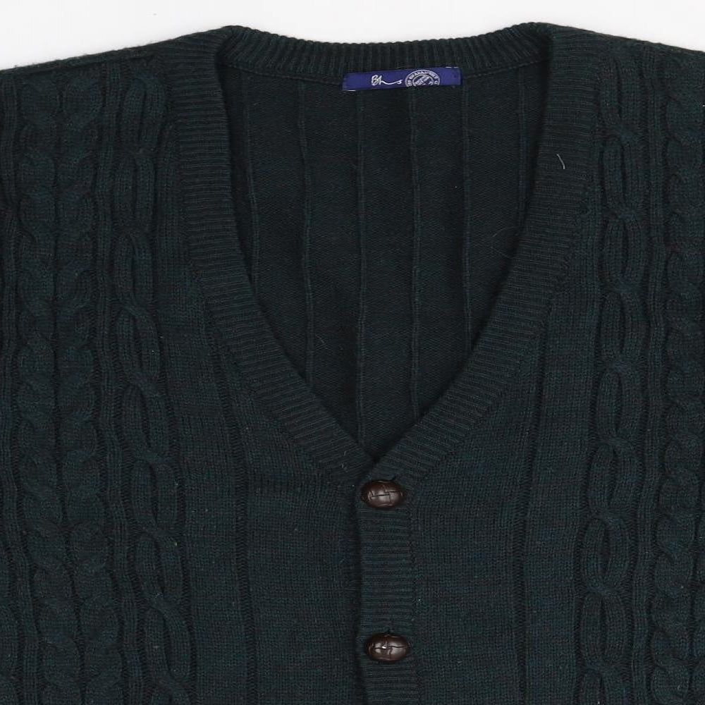 BHS Mens Green V-Neck  Acrylic Cardigan Jumper Size S