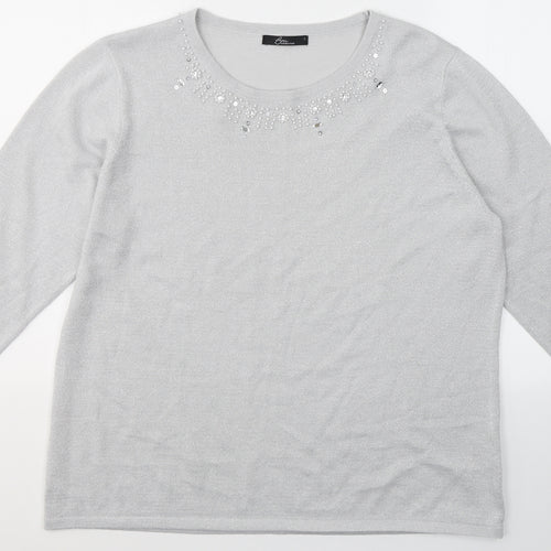 BHS Womens Grey  Acrylic Basic Blouse Size L Round Neck - Beaded detail