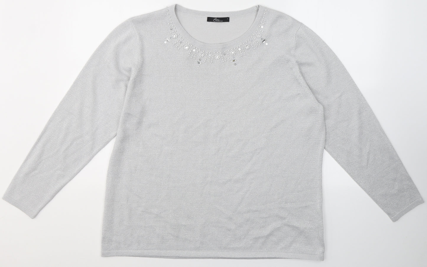 BHS Womens Grey  Acrylic Basic Blouse Size L Round Neck - Beaded detail
