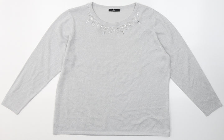 BHS Womens Grey  Acrylic Basic Blouse Size L Round Neck - Beaded detail