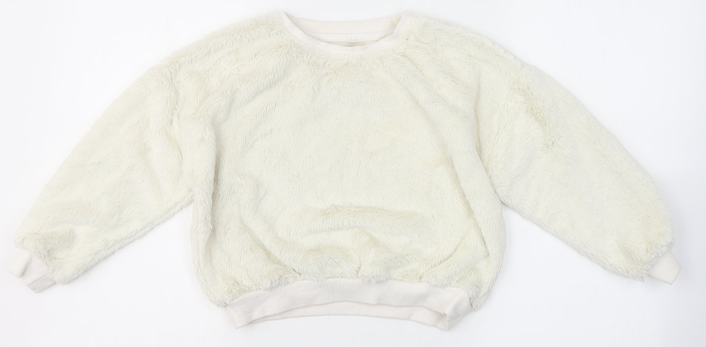 JEFF&CO Girls White Round Neck  Polyester Pullover Jumper Size 7-8 Years   - Fluffy