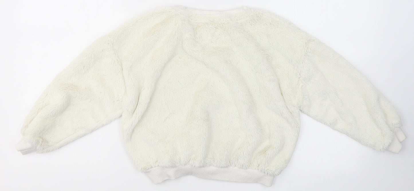 JEFF&CO Girls White Round Neck  Polyester Pullover Jumper Size 7-8 Years   - Fluffy