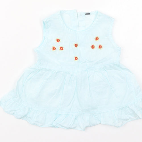 Preworn Girls Blue Striped Cotton Skater Dress  Size 2 Years  Round Neck Button - Flowers