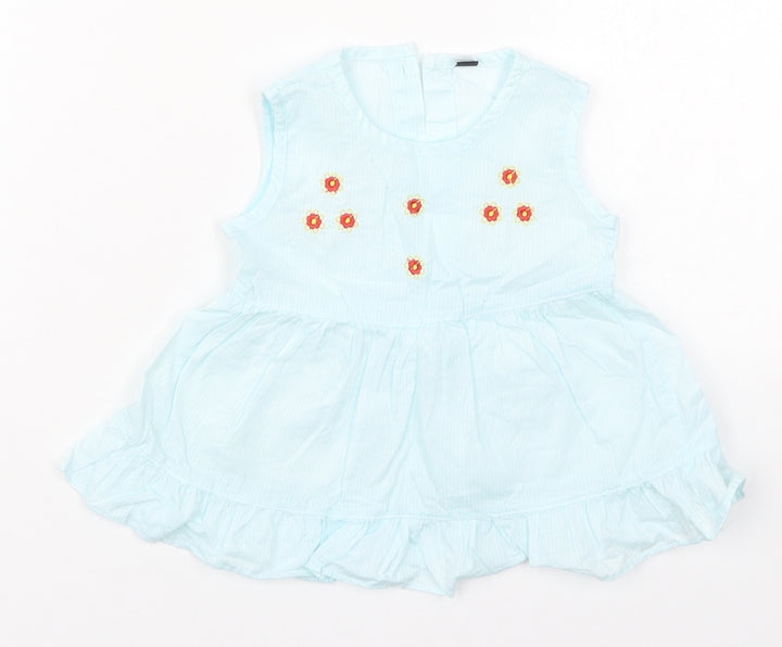 Preworn Girls Blue Striped Cotton Skater Dress Size 2 Years Round Neck Button - Flowers