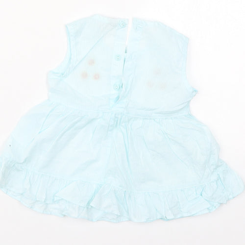 Preworn Girls Blue Striped Cotton Skater Dress  Size 2 Years  Round Neck Button - Flowers