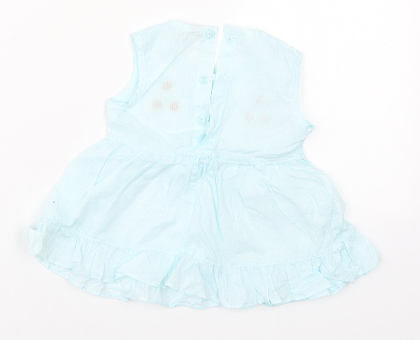 Preworn Girls Blue Striped Cotton Skater Dress  Size 2 Years  Round Neck Button - Flowers