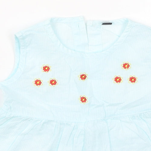 Preworn Girls Blue Striped Cotton Skater Dress  Size 2 Years  Round Neck Button - Flowers