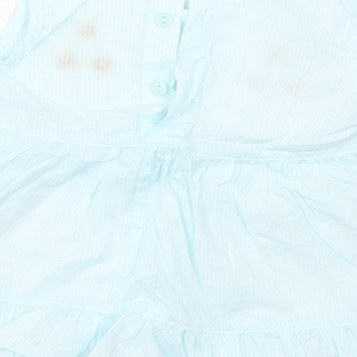 Preworn Girls Blue Striped Cotton Skater Dress  Size 2 Years  Round Neck Button - Flowers