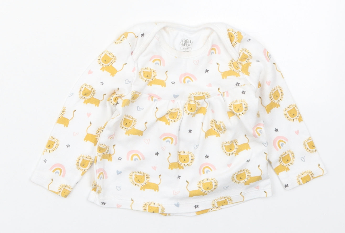 Fred & Flo Girls Multicoloured  Cotton Basic T-Shirt Size 0-3 Months Crew Neck Pullover - Lions and Rainbows