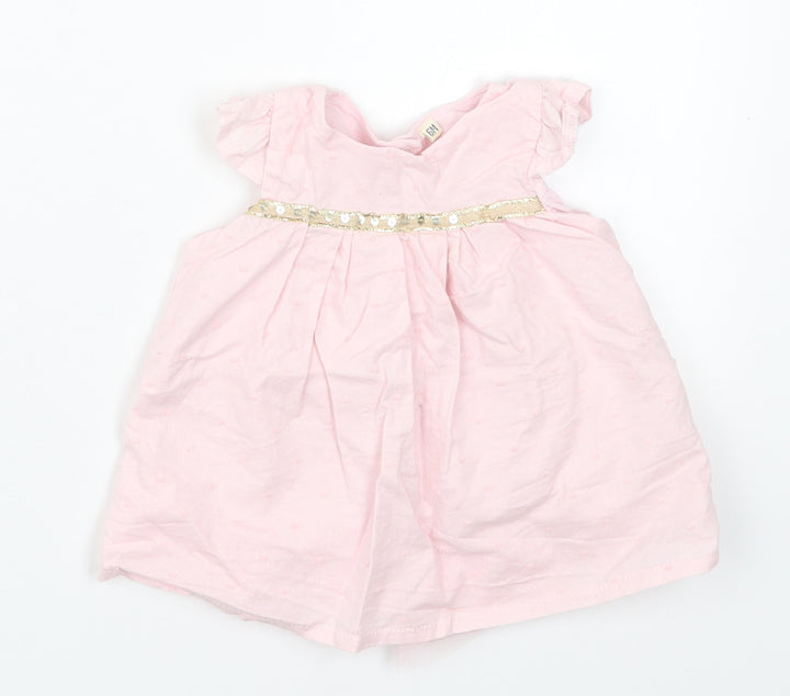 Preworn Girls Pink Cotton A-Line Size 3-6 Months Round Neck Button