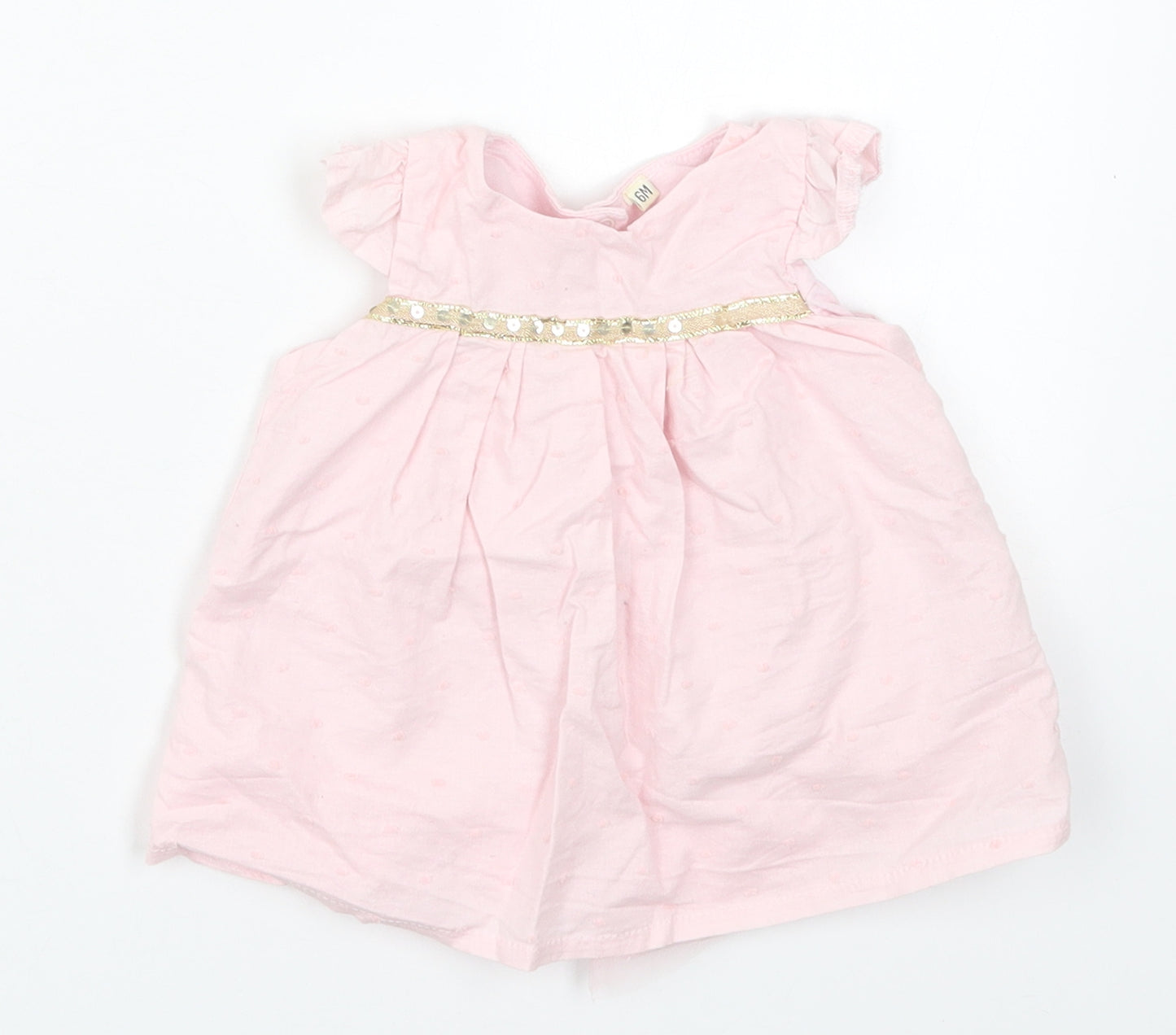 Preworn Girls Pink  Cotton A-Line  Size 3-6 Months  Round Neck Button