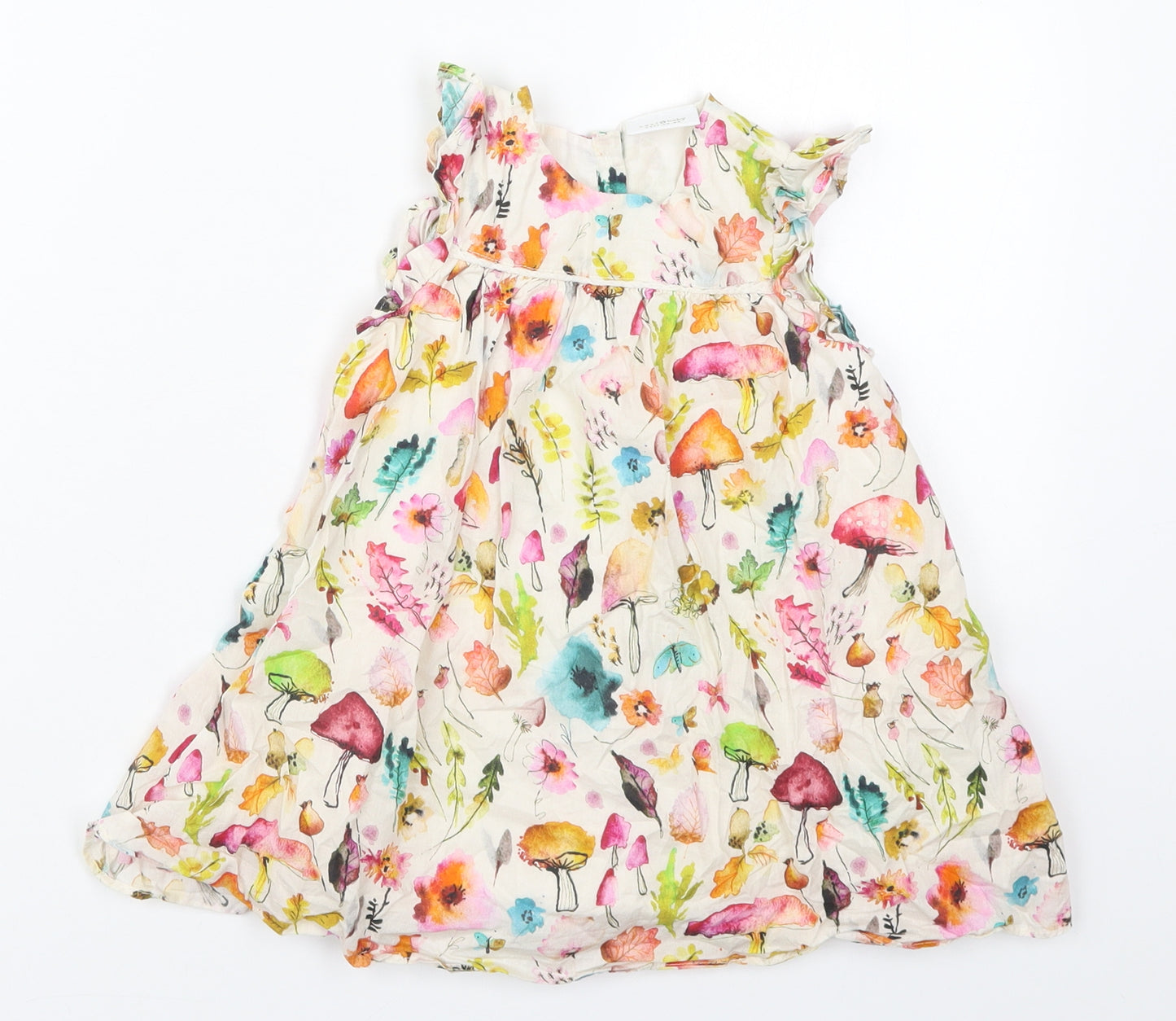 NEXT Girls Multicoloured Floral Cotton A-Line  Size 12-18 Months  Round Neck Button - Leaves Flowers Mushrooms