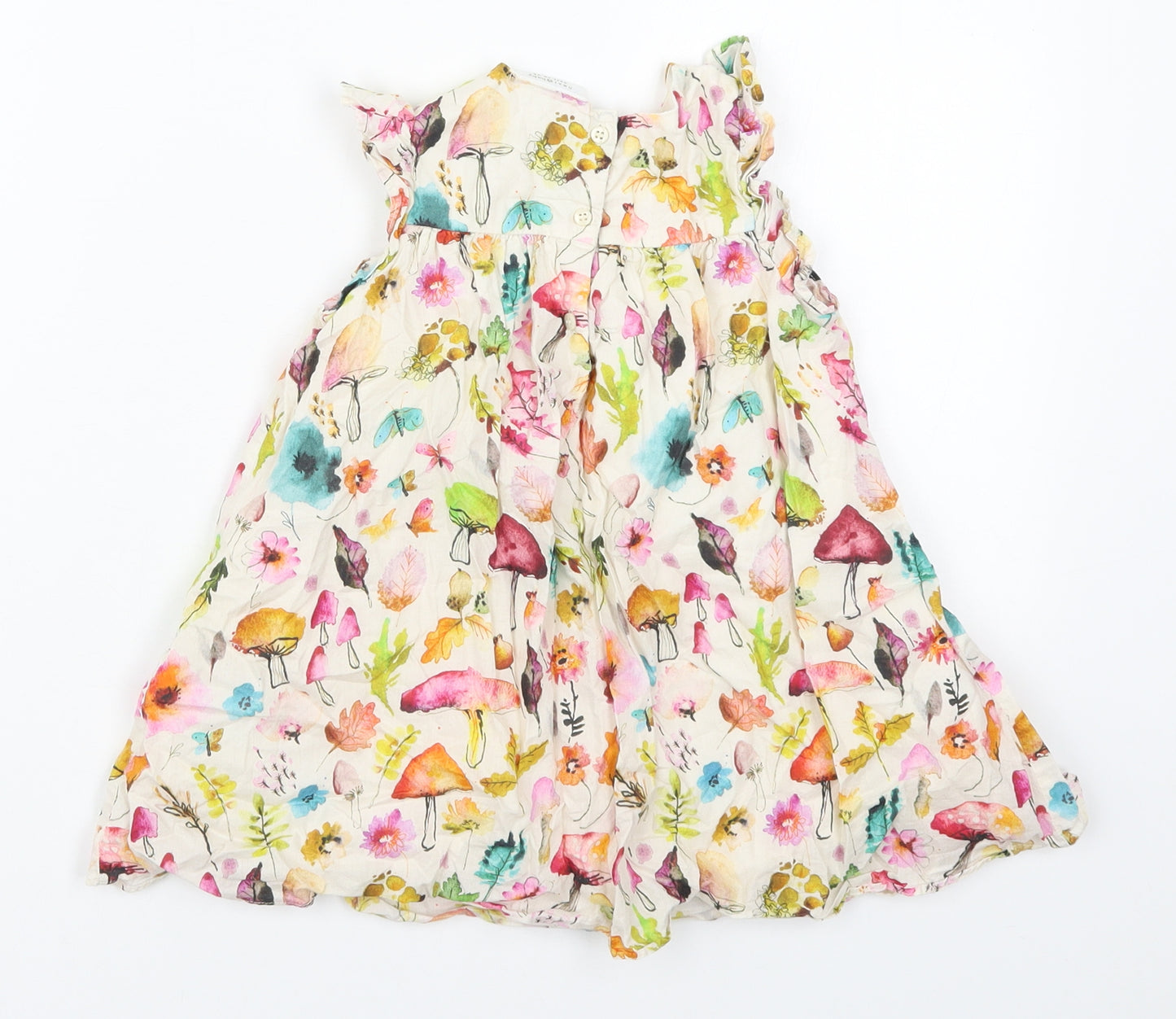 NEXT Girls Multicoloured Floral Cotton A-Line  Size 12-18 Months  Round Neck Button - Leaves Flowers Mushrooms