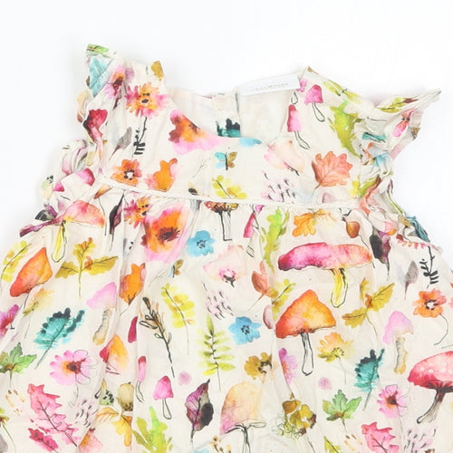NEXT Girls Multicoloured Floral Cotton A-Line  Size 12-18 Months  Round Neck Button - Leaves Flowers Mushrooms