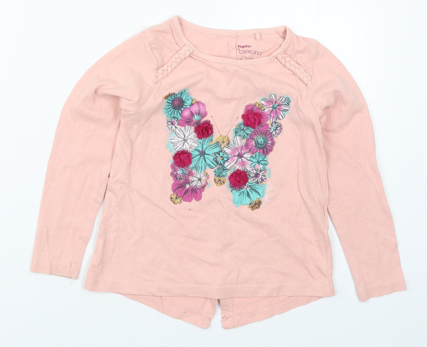 Cherokee Girls Pink  Cotton Basic T-Shirt Size 4-5 Years Round Neck Pullover - Butterfly