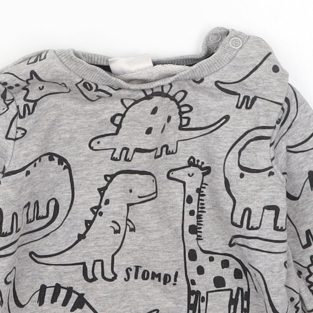 Fred & Flo Boys Grey  Cotton Basic T-Shirt Size 9-12 Months Crew Neck Pullover - Dinosaurs and Animals