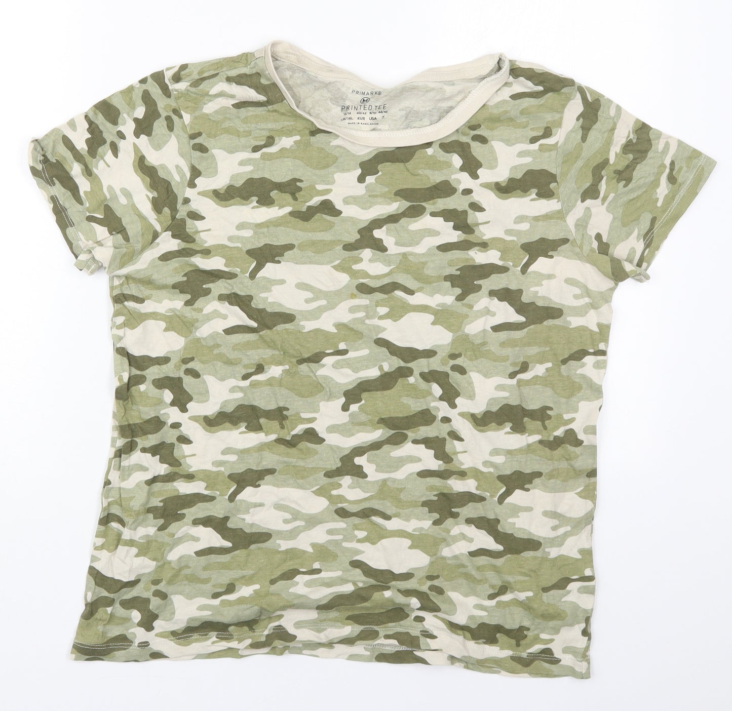 Primark Womens Green Camouflage Cotton Basic T-Shirt Size 12 Round Neck