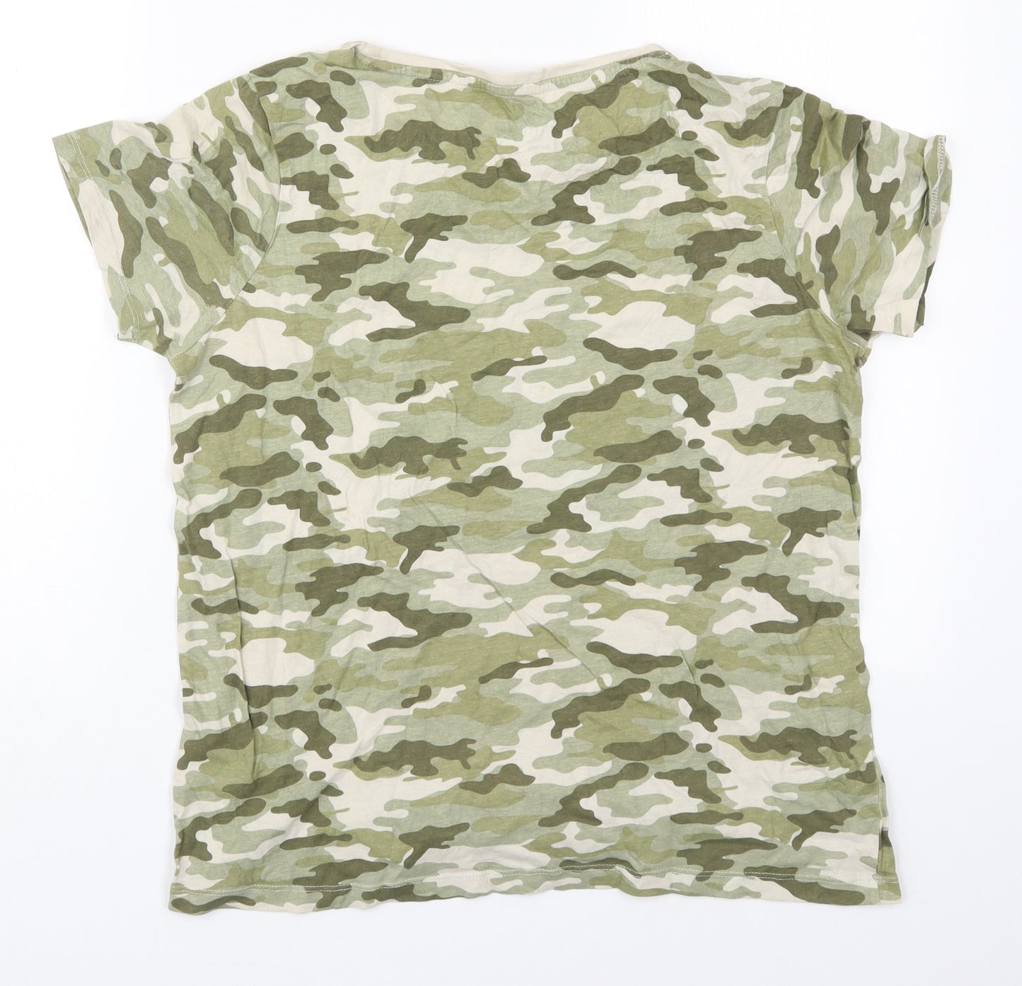 Primark Womens Green Camouflage Cotton Basic T-Shirt Size 12 Round Neck