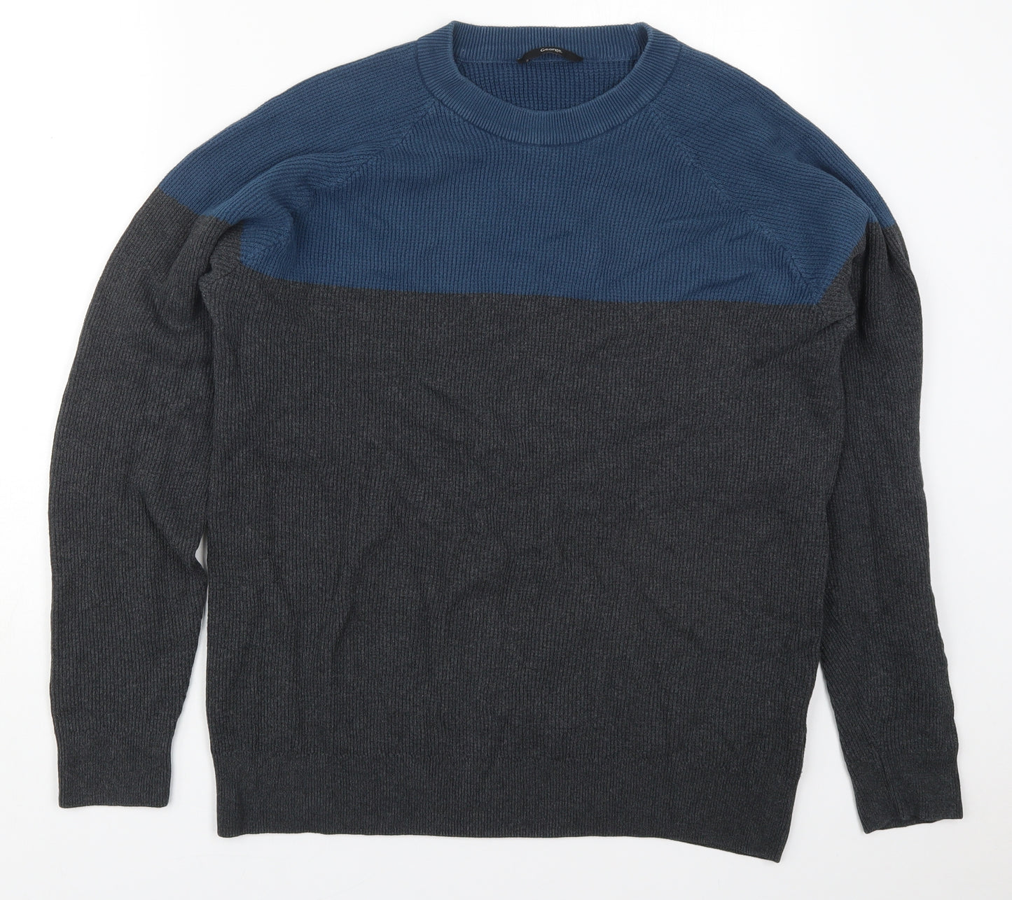 George Mens Blue Round Neck  Cotton Pullover Jumper Size XL   - Grey Colourblock