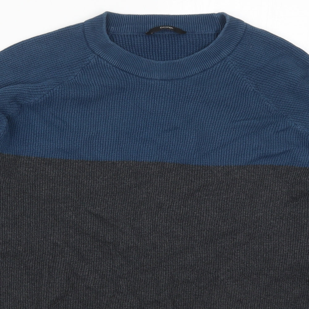 George Mens Blue Round Neck  Cotton Pullover Jumper Size XL   - Grey Colourblock