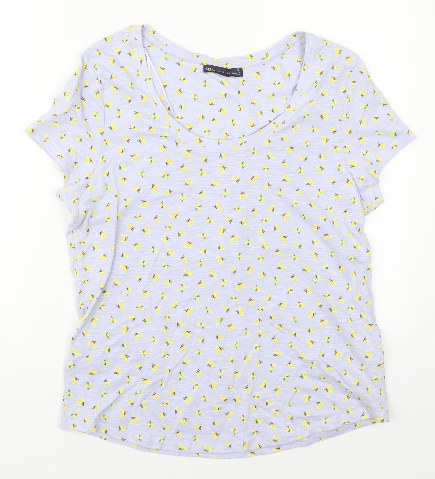 Marks and Spencer Womens Blue  Cotton Basic T-Shirt Size 16 Round Neck - Lemon Prints
