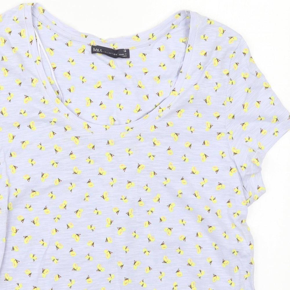 Marks and Spencer Womens Blue  Cotton Basic T-Shirt Size 16 Round Neck - Lemon Prints