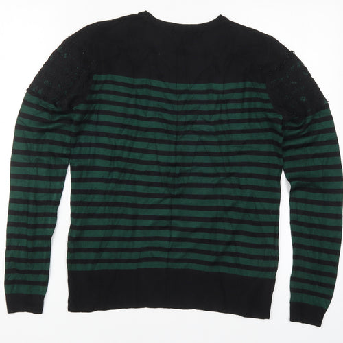 Warehouse Womens Green Round Neck Striped Viscose Pullover Jumper Size 10
