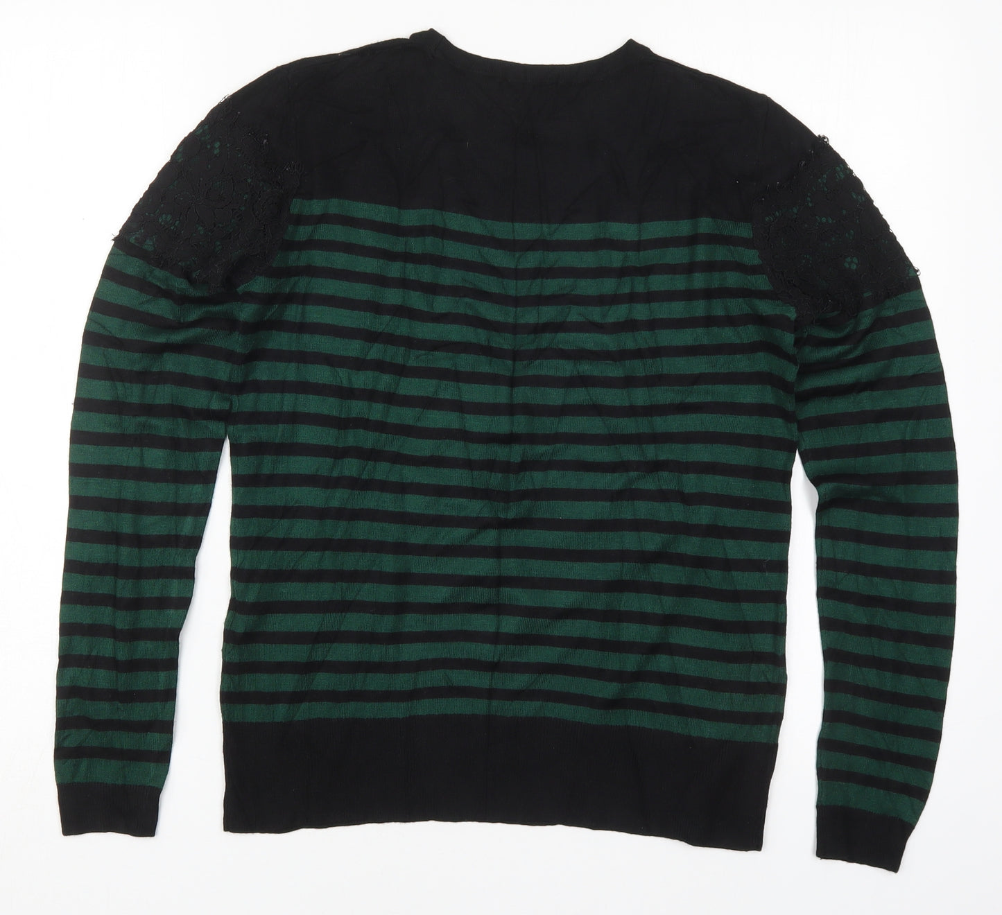 Warehouse Womens Green Round Neck Striped Viscose Pullover Jumper Size 10