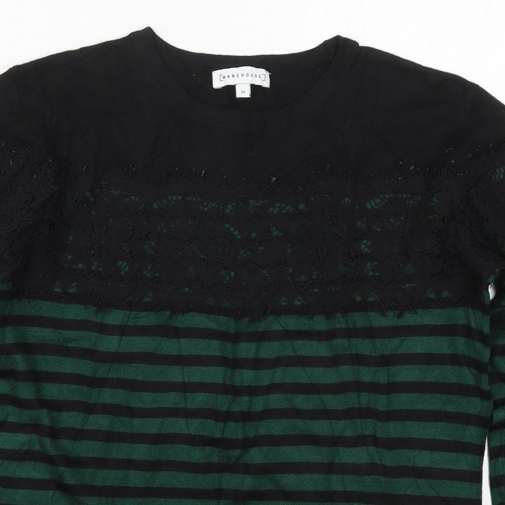Warehouse Womens Green Round Neck Striped Viscose Pullover Jumper Size 10