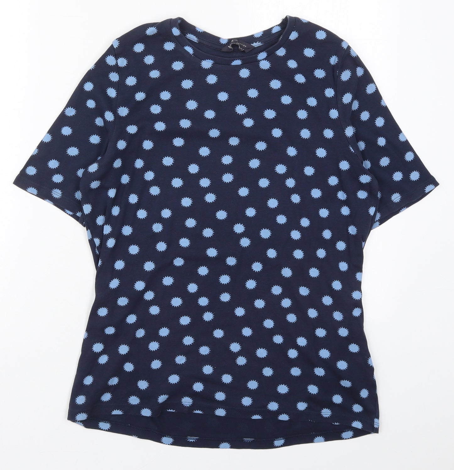 Marks and Spencer Womens Blue Geometric Cotton Basic T-Shirt Size 16 Round Neck