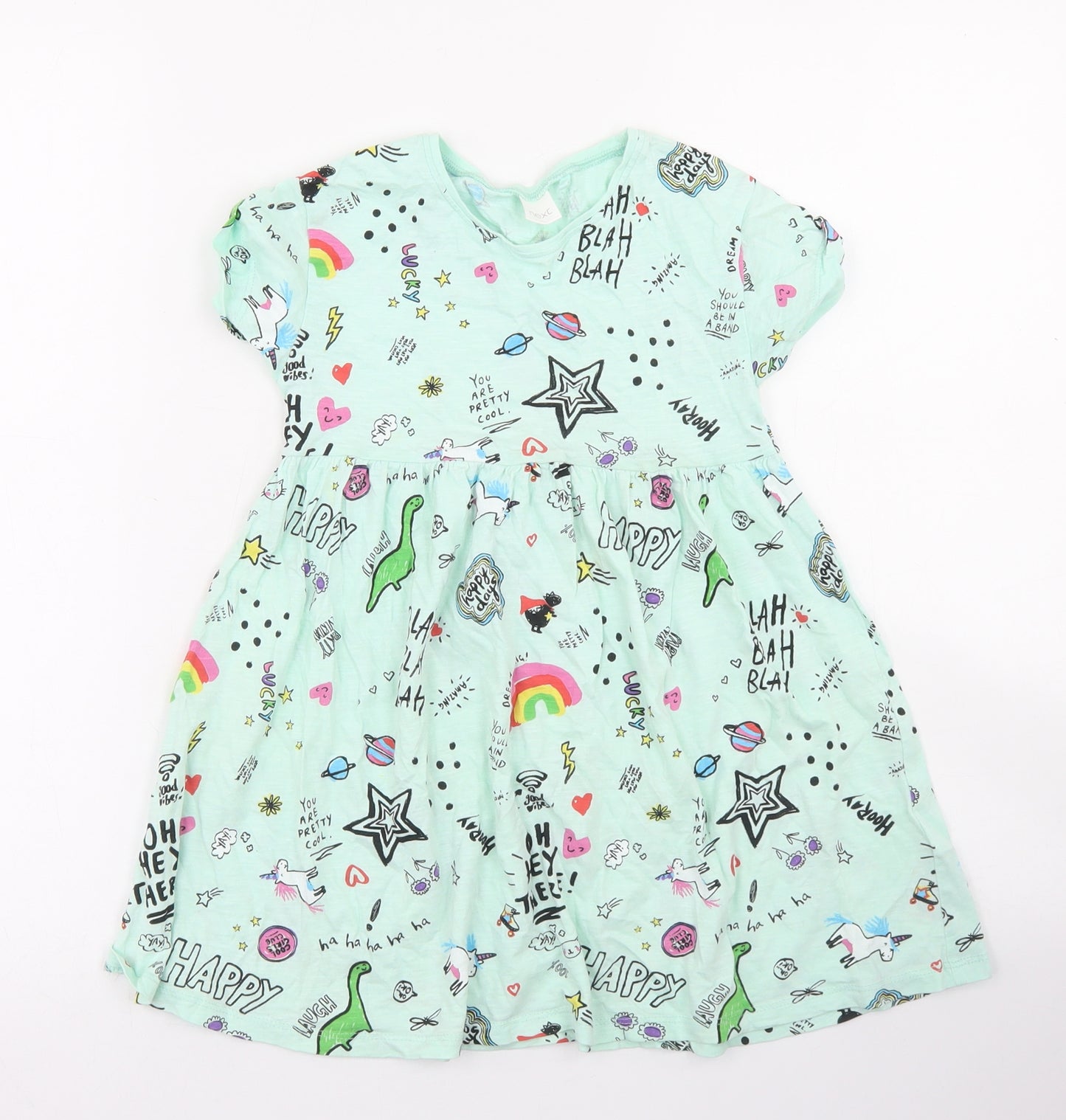 NEXT Girls Blue Spotted Cotton Skater Dress  Size 4-5 Years  Crew Neck  - Doodle Print