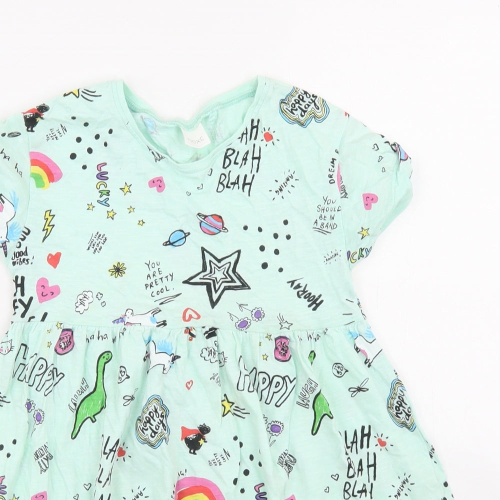 NEXT Girls Blue Spotted Cotton Skater Dress  Size 4-5 Years  Crew Neck  - Doodle Print
