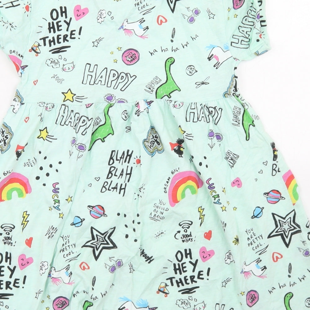 NEXT Girls Blue Spotted Cotton Skater Dress  Size 4-5 Years  Crew Neck  - Doodle Print