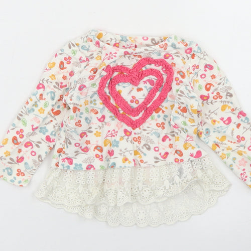 Mothercare Girls Ivory Floral Cotton Basic Blouse Size 3-6 Months Crew Neck Snap - Lace Hem