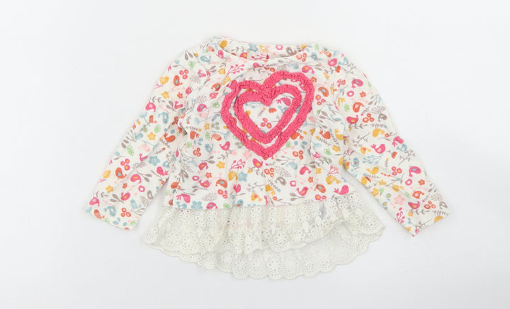 Mothercare Girls Ivory Floral Cotton Basic Blouse Size 3-6 Months Crew Neck Snap - Lace Hem
