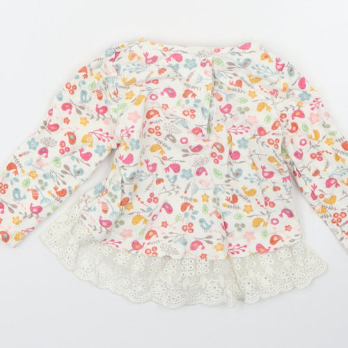 Mothercare Girls Ivory Floral Cotton Basic Blouse Size 3-6 Months Crew Neck Snap - Lace Hem