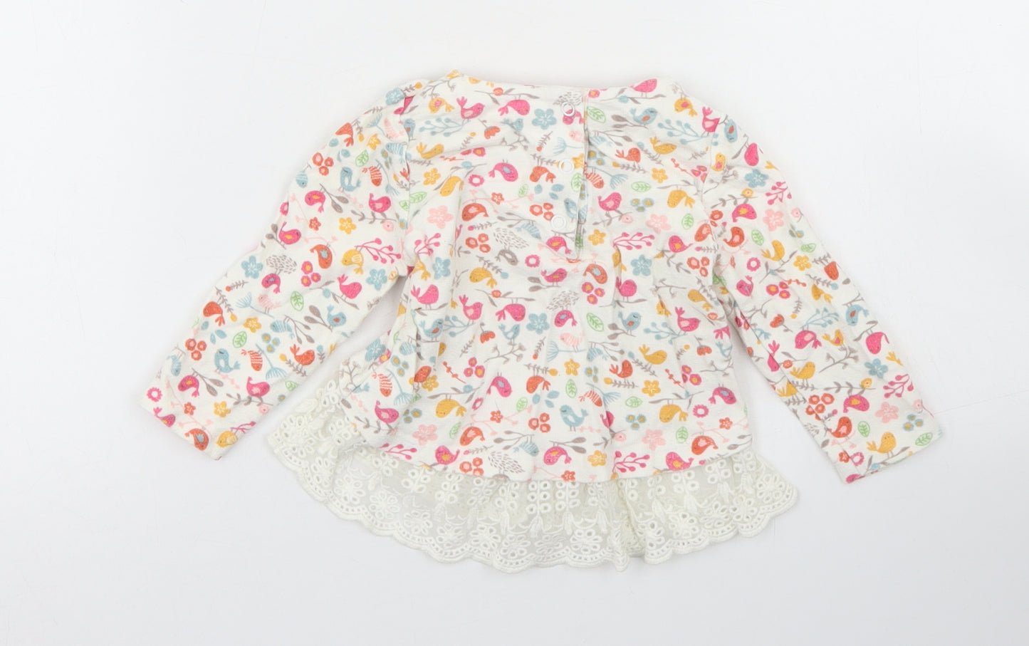 Mothercare Girls Ivory Floral Cotton Basic Blouse Size 3-6 Months Crew Neck Snap - Lace Hem