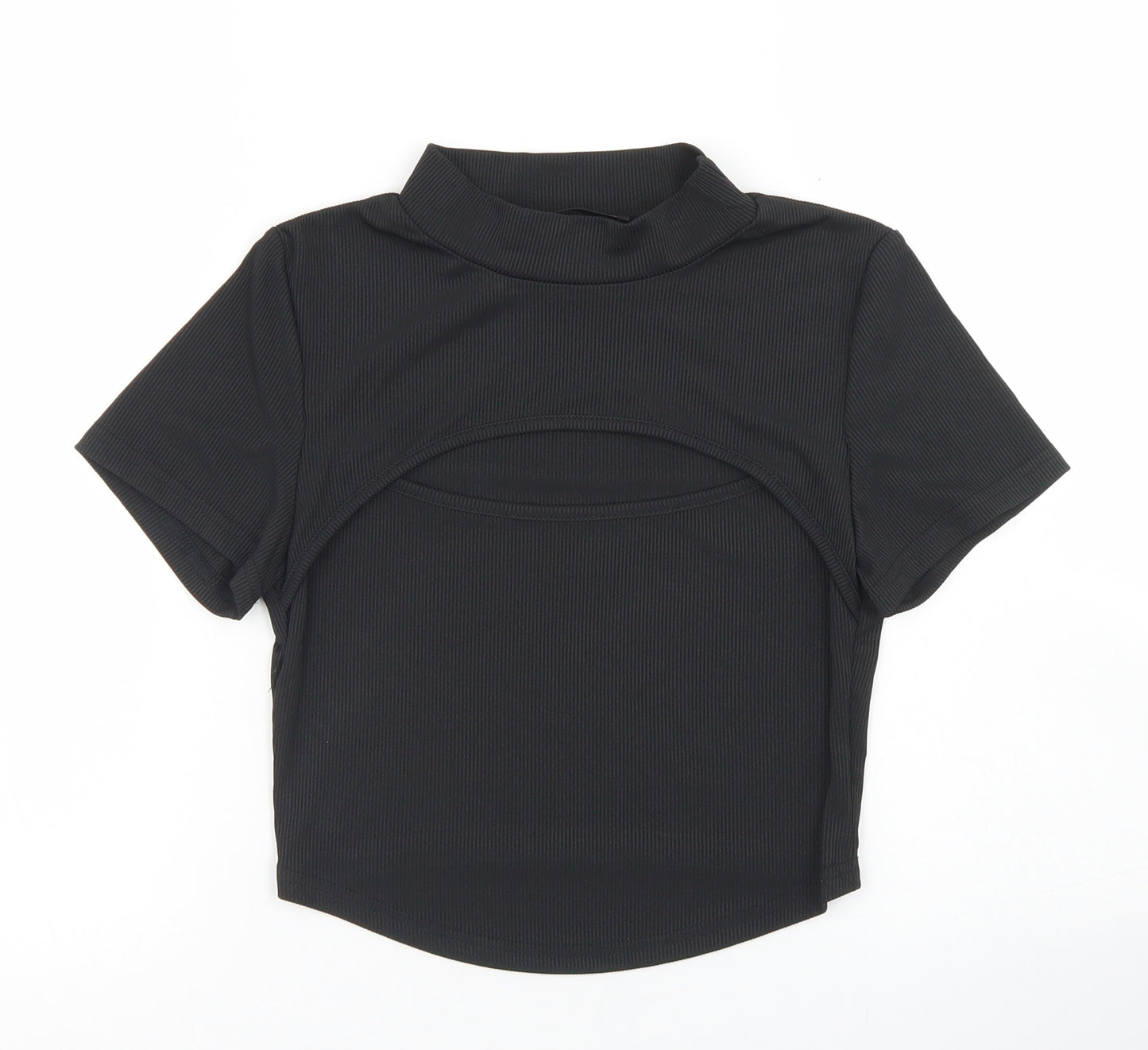 SheIn Womens Black  Polyester Cropped T-Shirt Size M Crew Neck - Cut Out