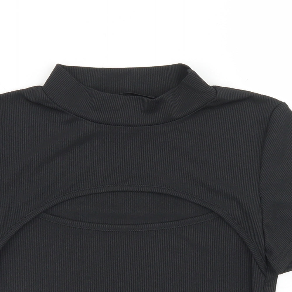 SheIn Womens Black  Polyester Cropped T-Shirt Size M Crew Neck - Cut Out