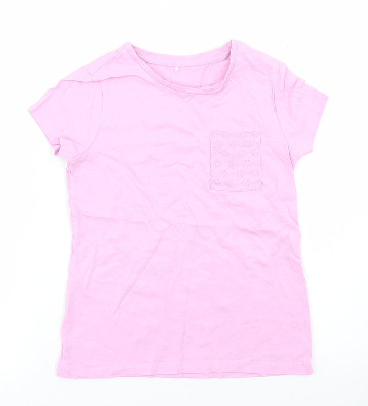 George Girls Purple Cotton Basic T-Shirt Size 5 Years Crew Neck - Chest Pocket